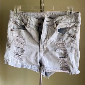 High waisted distressed light wash jeans shorts!